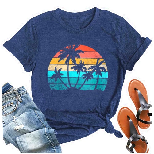 Euoehody Hawaiian Shirts for Women Palm Trees Beach Graphic Tee Tops Summer Vacation Short Sleeve Tshirt Tops