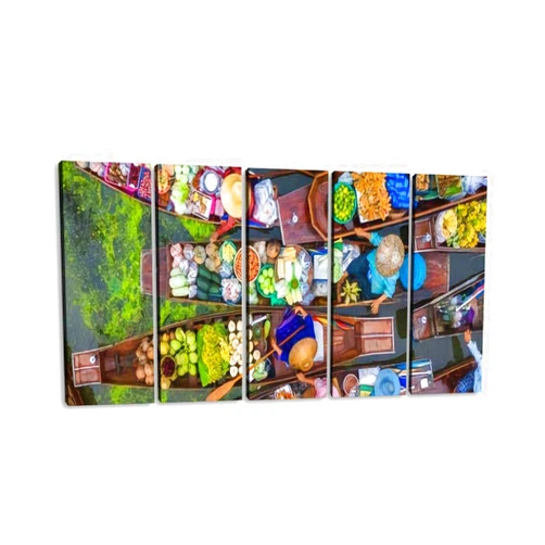 UVRKQYOSGKB Large Canvas Print 5 Panels Art Wall Paintings Aerial view famous floating market in Thailand Damnoen Saduak Stretched Framed Poster Picture on Home Decor - Multi6, 12x32 inch x5 pcs