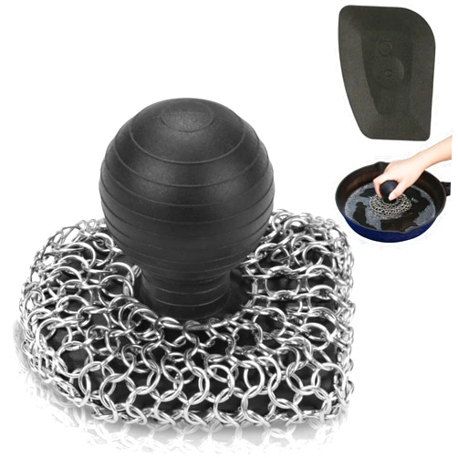 VinYankee Cast Iron Scrubber with Pan Scraper, 316 Chainmail Scrubber, Upgraded Chain Mail Scrubber Sponge, Cast Iron Cleaner for Grill Pan Skillet Wok Carbon Steel, Dutch Oven Metal Brush Cleaning Kit, Black