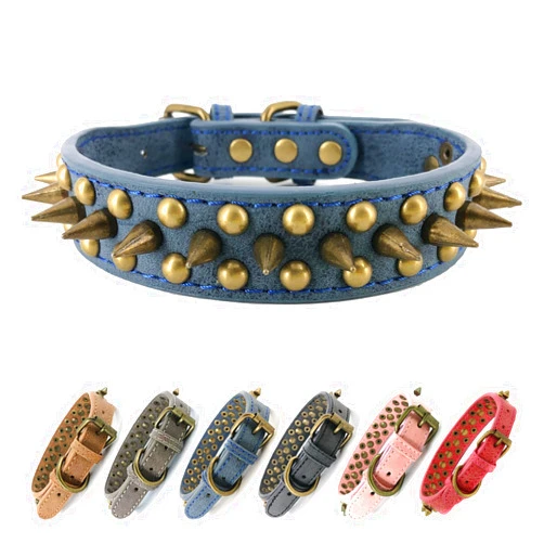 UVONOKAY Spiked Studded Dog Collar-Bronze Pointed Stud Anti-Bite Collar (Blue,M)