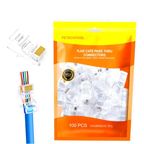 PETECHTOOL RJ45 Cat5 Cat5e Connectors End Pass Through Gold Plated 8P8C UTP Ethernet Network Plug(100Pack)