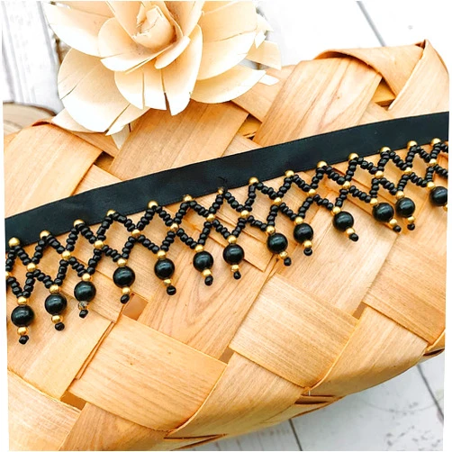 GorinsKani 2 Yard White Black Silk Tassel Gedbkiuce 2 Yard White Black Silk Tassel Fringe Trim Beads Lace Trim Embroidery Lace Fabric Sewing Material Tassels (Black Gold)