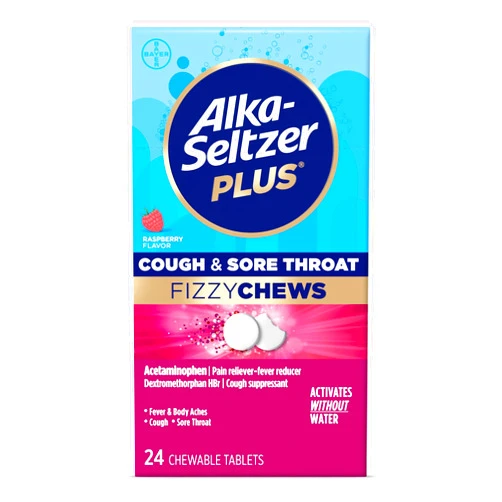 Alka-seltzer Plus New Cough & Sore Throat Fizzy Chews, No Water Needed, On The Go Sore Throat Relief, Cough Relief for Adults, Cough and Sore Throat Chewable Tablets, Raspberry Flavor, 24 Count