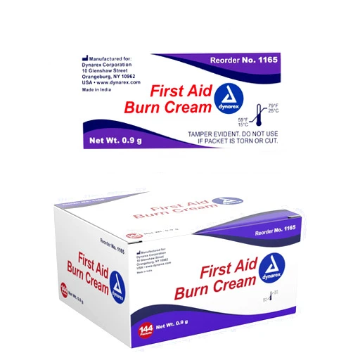 Dynarex First Aid Burn Cream - Burn Ointment For Minor Cuts, Wounds, Burns - Single Dose Water-Based Formula with Benzalkonium Chloride - For Medical & Home Care - 0.9g Packets, Box of 144