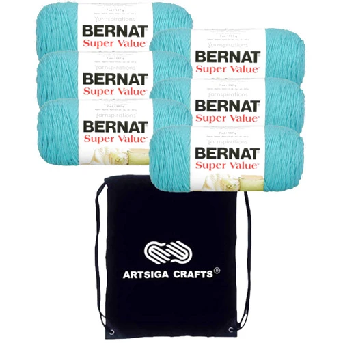 Bernat Super Value Solid Aqua 164053-53201 (6-Skeins - Same Dye Lot) Worsted Medium #4 Acrylic Yarn for Crocheting and Knitting with Project Bag