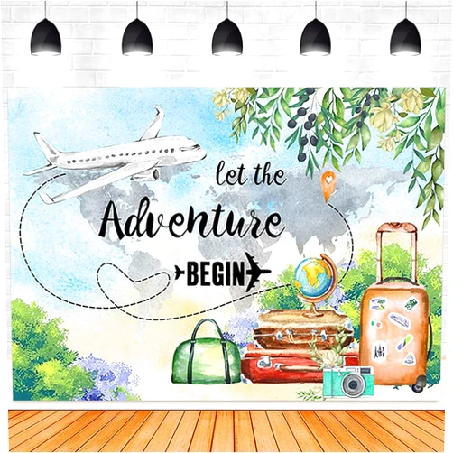 AlELCJY Adventure Travel World Photography Background Suitcase Plane Birthday Party Backdrop for Adventure Awaits Begins Travel Airplane Photo Banner Baby Shower Tudio Photo Photocall Props (7x5ft)