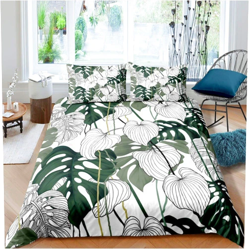 Erosebridal Palm Leaf Bedding Set Monstera Duvet Cover Tropical Leaves Branch Comforter Cover Hawaiian Hippie Botanical Bedspread Cover for Kids Adult, Decor 3Pcs Queen Size, Soft Microfiber