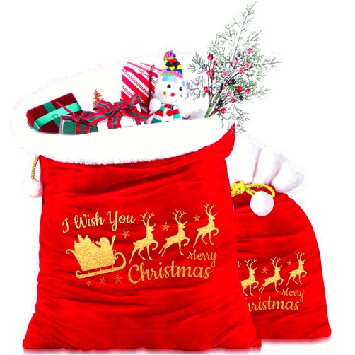 Wesnoy 2 Pcs Santa Christmas Velvet Bags with Drawstring in 2 Size Santa Gift Bags Large Christmas Sacks Gift Wrap Bags for Xmas Party Decoration (Red,20 x 28 Inches,12 x 16 Inches)
