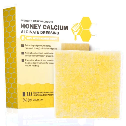 EVERLIT Honey Calcium Alginate Dressing 2” x 2” Pack of 10 | Sterile, Highly Absorbent Dressing With Pure Manuka Honey | Advanced Wound Care For Cuts, Skin Tears, Burns, Pressure Sores, Diabetic Ulcer