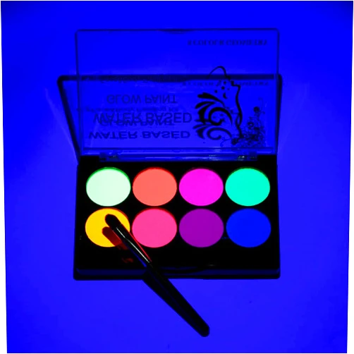 Fasurid UV Glow Face Paint Kits, Neon 8 Fluorescent Colors Face Body Glow Black Lights Makeup, Water Activited with 2 Painting Brushes, Non-Toxic for Kids Adults Halloween Costume Masquerades Club Makeup