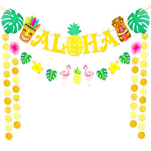 WERNNSAI Hawaiian Aloha Party Banner Decorations - Flamingo Pineapple Tiki Tropical Luau Party Supplies Favors Large Gold Glittery Aloha Sign Flag for Birthday Wedding Summer Beach Pool