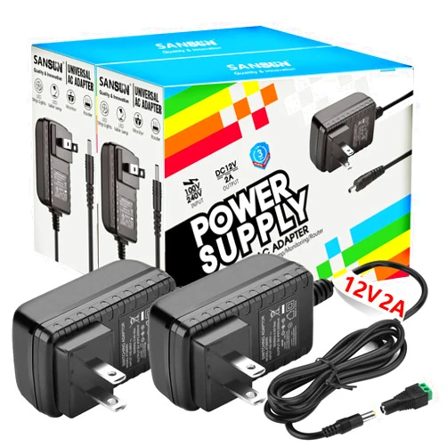 SANSUN 12V 2A Power Supply, AC 120V to DC12V 5.5x2.1mm Jack Converter, 12 Volt LED Driver 24W Adapter Transformer for Strip Lights, Surveillance Cameras, External HDD, Monitor, CCTV (Pack of 2)
