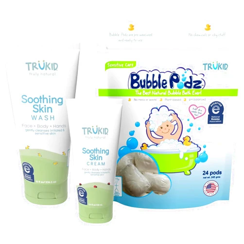 TruKid NEA-Accepted Eczema Relief Bundle | Bubble Bath, Skin Cream, and Body Wash | All Natural Ingredients, Unscented, Hydrates, Moisturizes and Protects Irritated & Sensitive Skin | Three Products