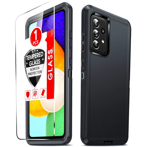 LeYi Compatible for Samsung-A52-5G-Phone-Case:【NOT FIT A52S】Galaxy A52 Phone Cover Tempered Glass Screen Protector, Heavy Duty 3 in 1 Rugged Military Grade Shockproof Android Funda para A 52 5G, Black