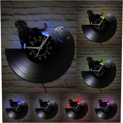 TIMEGLOW Labrador Dog Wall Clock, 12 Inch 7 Colors LED Lighting Dog Puppy Wall Clock Silent Quartz Non Ticking, Modern Decorative Night Light Vinyl Record Wall Clock for Kids Room Dog Owners Gift
