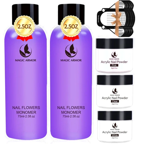 MAGIC ARMOR Acrylic Liquid Monomer and Acrylic Powder Set - 3 Colors Acrylic Powder Clear Pink White Professional Acrylic Monomer Liquid 5oz Acrylic Nail System For Acrylic Nails (150ML+3 COLORS)
