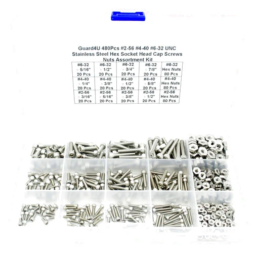 Guard4U 480Pcs #2-56#4-40#6-32 UNC Stainless Steel Hex Socket Head Cap Screws Nuts Assortment Kit