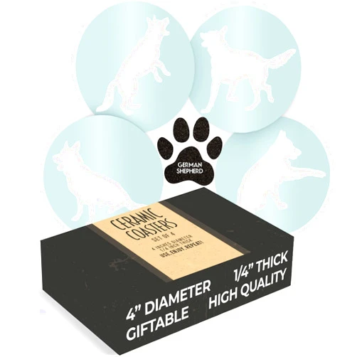 Greenline Goods German Shepherd Lovers Ceramic Drink Coasters - Set of 4 Dog Coasters with Protective Cork Bottom and Metal Stand - German Shepherd Decor for German Shepherd Moms & Dads