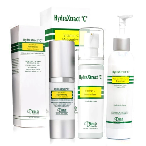 Dinur Cosmetics HydraXtract C Bundle Collection- Consisting of Vitamin C Moisturizer, Rejuvenating Peptide C Facial Serum and Activated Charcoal Cleanser