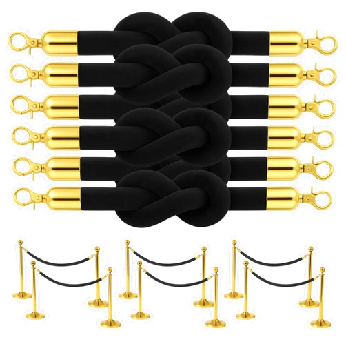 YARRD 6 Pack Black Velvet Rope 5 Foot with Gold Hooks – Premium Stanchion Rope for Events and Crowd Control – Durable VIP Barrier for Queue Management and Decorative Use