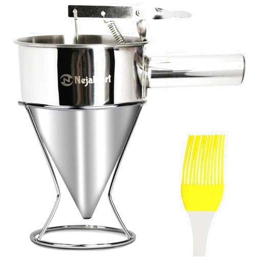 N NejaMart NejaMart Pancake Batter Dispenser with Baking Stand 1200ml Pancake Dispenser a Multipurpose Baking Tool with Squeeze Handle for Cake Desserts, Stainless Steel Batter Pourer with Silicon Basting Brush