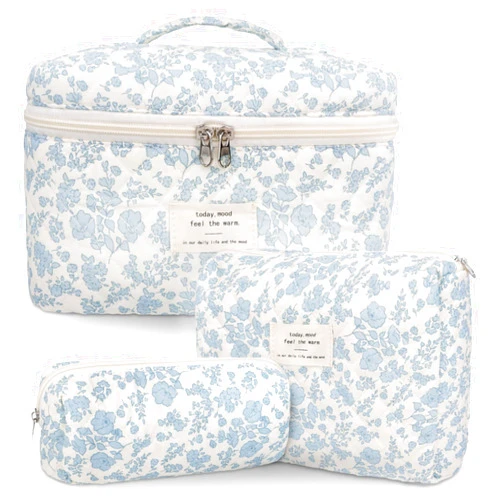 GISMTR 3Pcs Cotton Quilted Makeup Bag Large Travel Cosmetic Bag Coquette Makeup Pouch Cute Aesthetic Floral Toiletry Bag for Women Girls