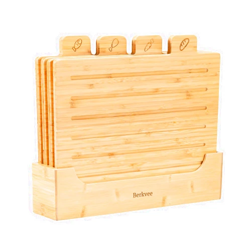 Berkvee Bamboo Cutting Board Set with Holder - Wooden Chopping Board Set with Juice Groove and Labeled Icon - Pre-Oiled Kitchen Cutting Boards for Meat, Vegetables, and More