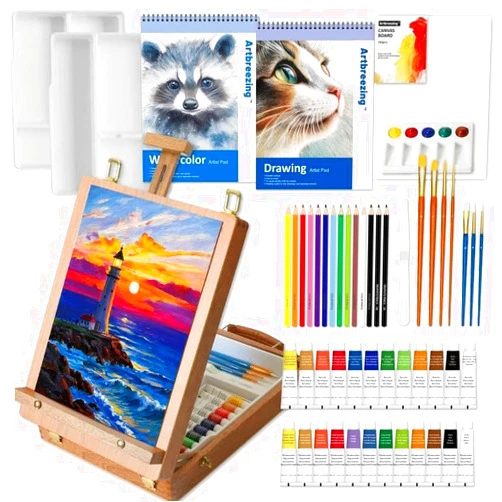 Artbreezing Mixed Media Art Set,55 Pack Painting Supplies Kit with Tabletop Sketch Box Easel and Various Accessories,Complete Painting Set for Students Artists Beginners