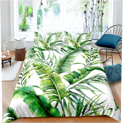 Erosebridal Palm Leaf Bedding Set Banana Leaf Duvet Cover Hawaiian Tropical Leaf Branch Quilt Cover Tropical Plant Comforter Cover for Adult, White 3 Pcs Queen Size