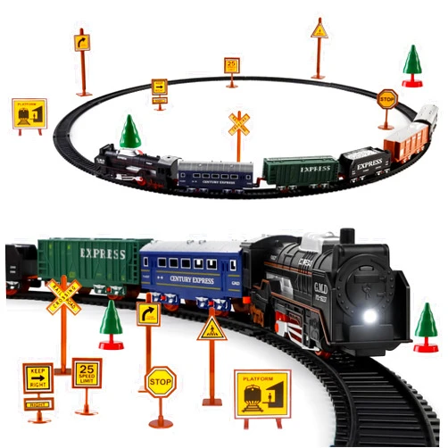 deAO Train Set with Light for Kids, Cargo Cars and Long Track for Boys & Girls Aged 3-12, Train Toys Railway Kits with Signposts & Trees, Electric Train Race Track Playset,Great for Birthday & Xmas