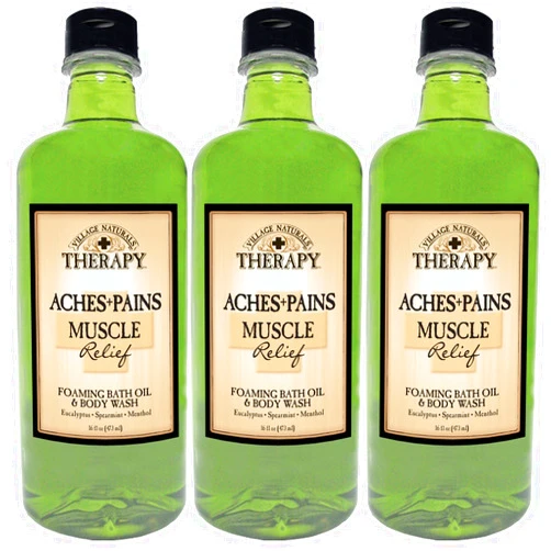 Village Naturals Therapy Aches and Pains Muscle Relief Foaming Bath Oil and Body Wash 16oz (3-pack)