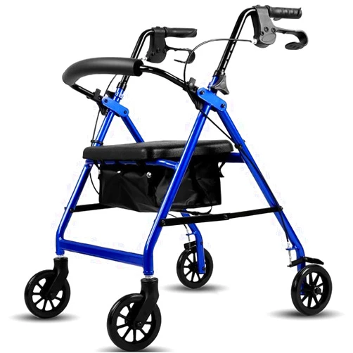 FHRX Folding Walker, 4-Wheel Medical Roller Walker with Adjustable Handle and Tote, Suitable for Adults, Seniors and Hands, Aluminum Transport seat Mobile Walker (Color : Blue)