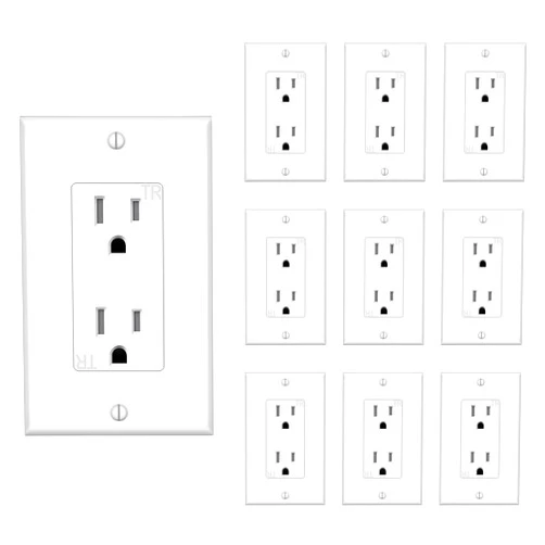 TAKETEK Decorator Receptacle Outlet with Wall Plate, Tamper-Resistant Electrical Outlet, Residential Grade, 3-Wire, 15A 125V, Self-Grounding, 2-Pole, UL Listed, White (10 Pack)