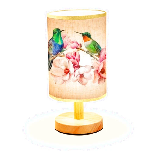 LOPYEIJFG Minimalist Bedside Table Lamp Hummingbirds Sitting on a Flowering Branch of Magnolia Exotic Birds Wood Nightstand Desk Base Flaxen Fabric Shade for Bedroom Living Room, 5.5x11inch