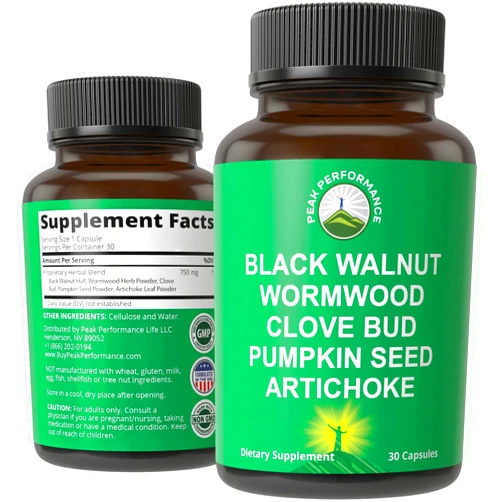 Peak Performance Wormwood Black Walnut Clove Cleanse for Humans. Elimination Detox + Intestinal Support Capsules Supplement for Adults and Kids. Pills with Artichoke and Pumpkin Seed for Additional Benefits