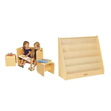 ECR4Kids Bentwood Multipurpose Table and Chair Set, Kids Furniture, Natural, 3-Piece & Single-Sided Book Display, Classroom Bookshelf, Natural Set + Book Display
