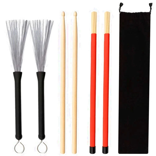 GOGHOST Drum Sticks Set - 5A Maple Wood Drum Sticks 1 Pair Drum Wire Brushes Retractable Drum Stick Brush and 1 Pair Rods Drum Sticks for Jazz Acoustic Folk Music Lover Gift with Portable Storage Bag
