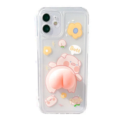 BONTOUJOUR Phone Case for iPhone 12 Mini, Funny Novelty Waving 3D Squeezable Peach Butt Piggy Pattern Happy Pig Case Transparent Soft TPU Silicone Rubber Case Help Relax