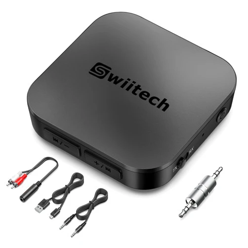 Swiitech Bluetooth Transmitter Receiver, 2-in-1 Bluetooth AUX Adapter, V5.0 Bluetooth Adapter for TV/Car/Home Stereo/PC, Pairs 2 Devices Simultaneously, aptX Low Latency (Black)