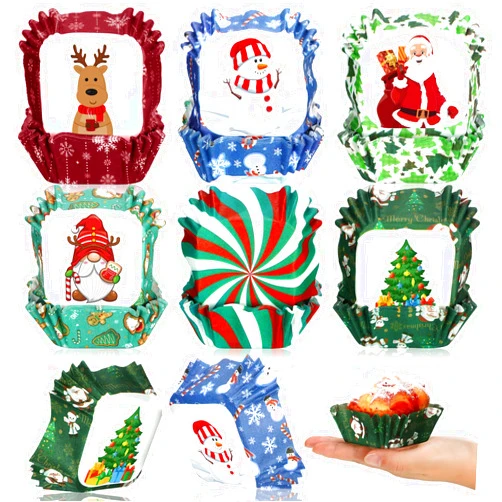 Mifoci 600 Pcs Christmas Cupcake Liners Square Muffin Liners Snowman Santa Paper Candy Cups 2.4 Inch Small Xmas Baking Cups Cupcake Wrappers for Baking Cake Brownie, 6 Styles