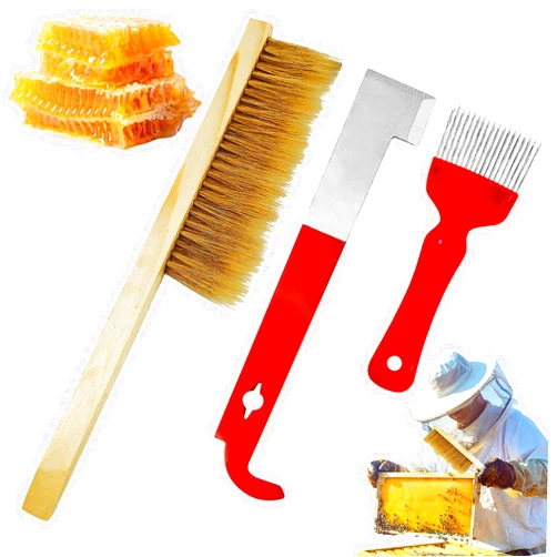 Tfwadmx Bee Hive Tool for Beekeeping - Stainless Steel J Hook Frame Lifter and Scraper Natural Bristle Bee Brush, Uncapping Fork for Beekeepers