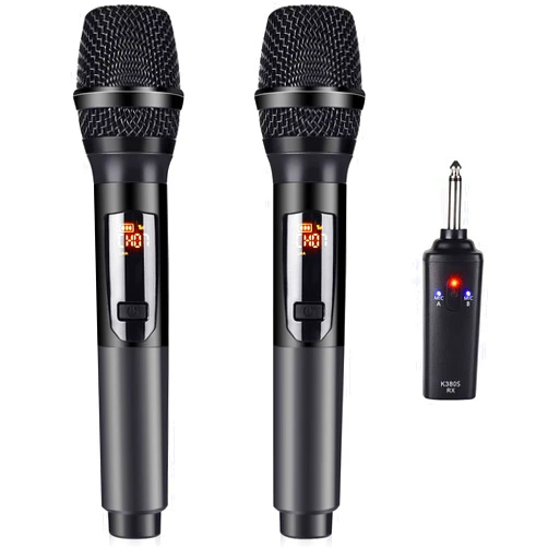 Kithouse Wireless Microphone, K380S Dual Cordless Metal Dynamic Mic System with Rechargeable Receiver, for Karaoke Singing, Wedding, Party, Speech, Church, Meeting