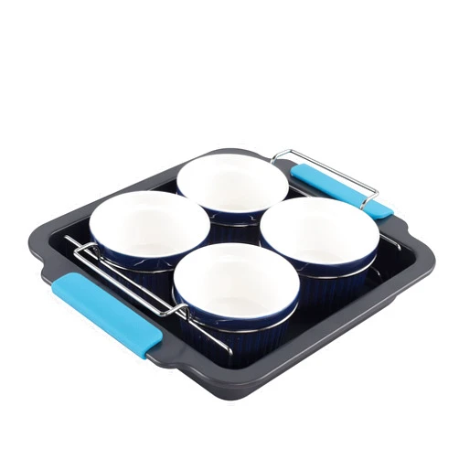 Kitcom Professional 6-Piece Crème Brulee Set, 4 Porcelain Ramekins 8 Ounce, Lifting Rack, 10.5