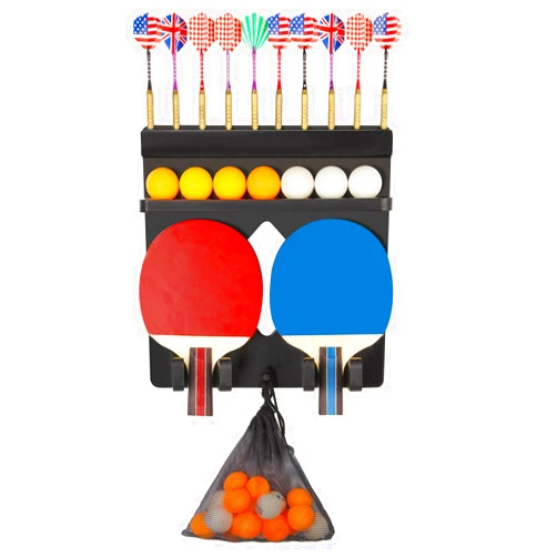 Xnwouco Ping Pong Paddle Holder Wall Mount Hold 8 Paddles, Ping Pong Rack Dart Holder 2-in-1, 100% Solid Wood Table Tennis Organizer, Black