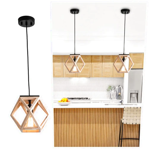 Yifi Deco Farmhouse Wood Pendant Light, Vintage Geometric Wooden Cage Hanging Lamp, Adjustable Height, Retro Mini Pendant Lighting Fixture for Kitchen Island Dining Room Bedroom Foyer Entryway Hallway