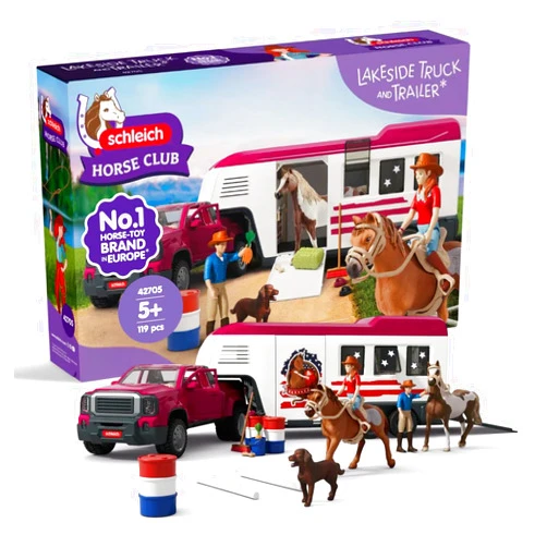 Schleich Horse Club - 119 PC Lakeside Truck and Trailer Playset With 2 Horse Figurines, 2 Poseable Rider Figures and Accessories - Interactive Play for Girls and Boys - Toys for Kids Ages 5+ | 42705