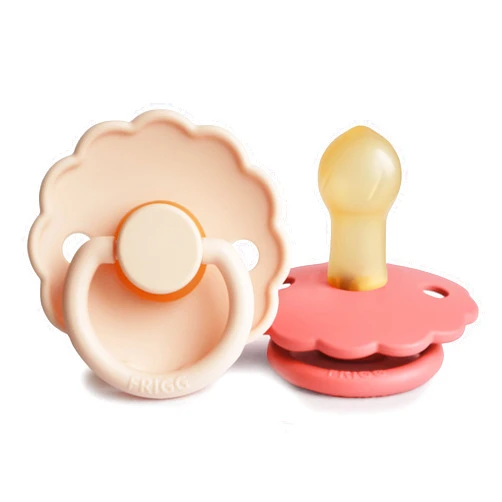 FRIGG Daisy Natural Rubber Baby Pacifier | Made in Denmark | BPA-Free (Pink Cream/Poppy, Size 1) 2-Pack