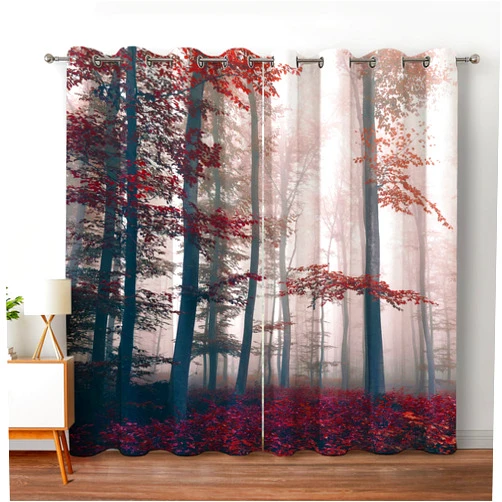 Jekeno Fall Tree Forest Blackout Curtains Autumn Tree Orange Leaves Mystic Foggy Forest Nature Scenery Wood Decor for Halloween Bedroom Living Room Grommet Window Drapes 2 Panel Set, 52