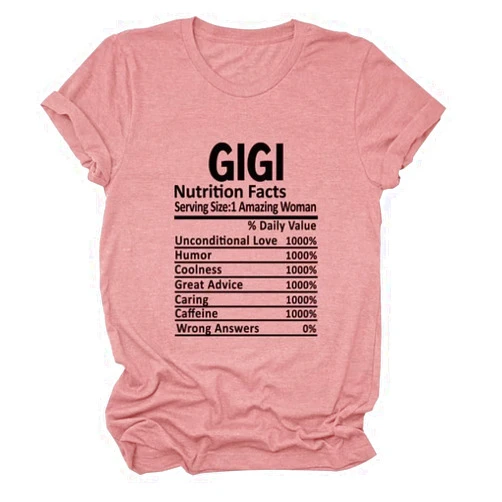 HHLLEOJK Gigi Nutrition Facts Tee Tops Grandma Short Sleeve T-Shirts Mimi Casual Crew Neck Printed Tops Nana Women's Shirts