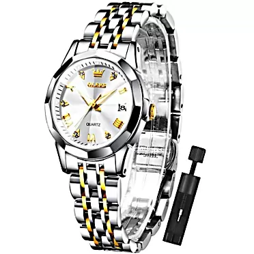 OLEVS Womens Watch Fashion Dress Diamond Female Watches for Ladies Analog Quartz Stainless Steel Waterproof Luminous Day Date Two Tone Wristwatch silver gold watch for women